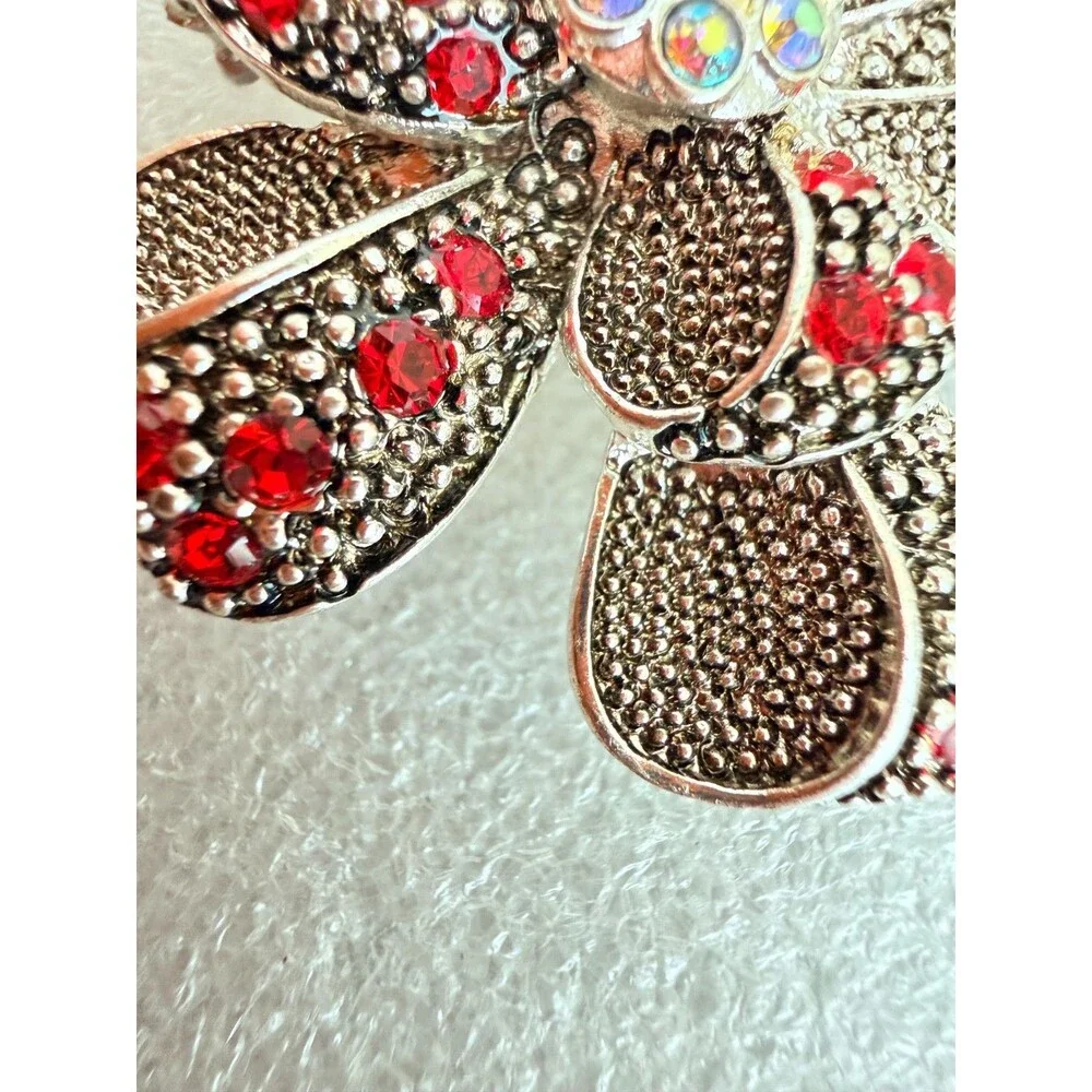 Vintage Silver Tone Textured Flower Brooch Pin Red AB Rhinestone Center